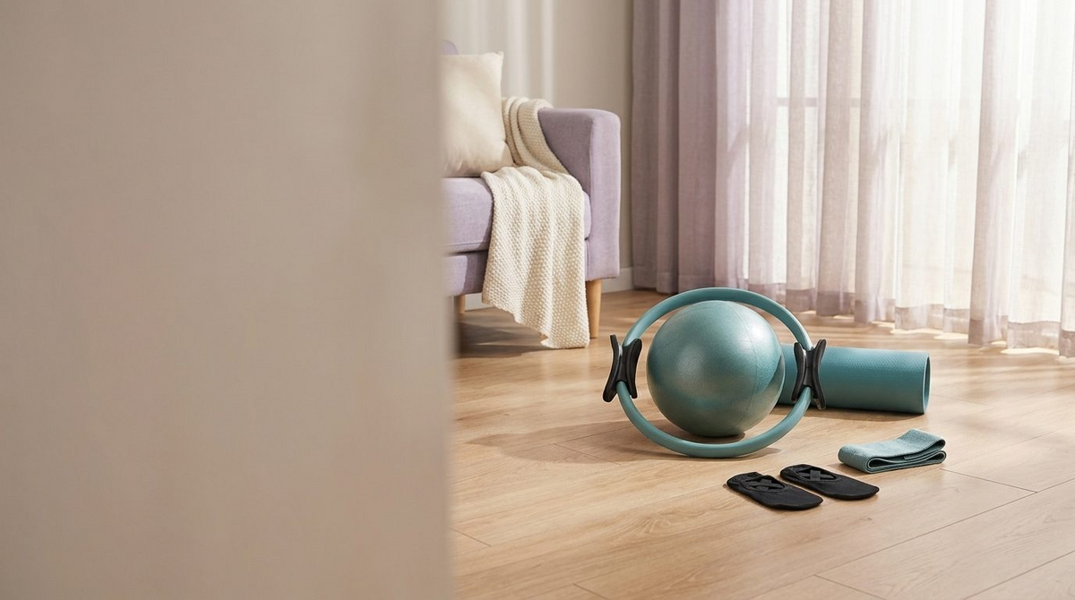 Pilates sada na drevenej podlahe v svetlej obývačke
